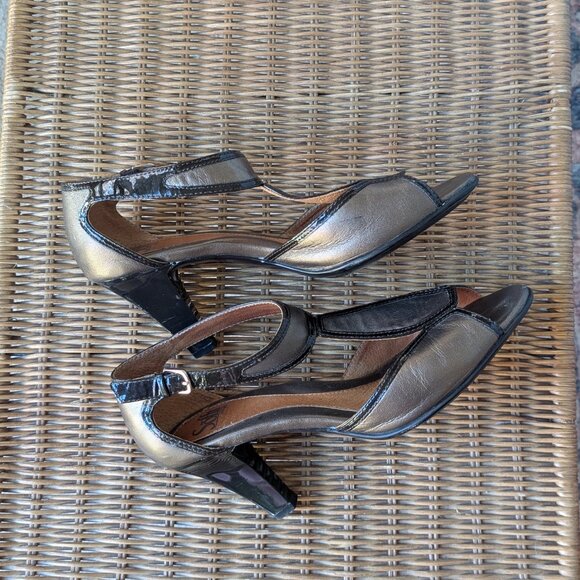 Retro-style Sofft bronze leather black patent trim T strap open toe heels Sz 9 - Picture 4 of 7